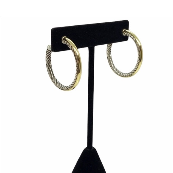 David Yurman 18k & SS Twist Hoop Earrings - Silver cable inside 18k outside - Picture 3 of 11